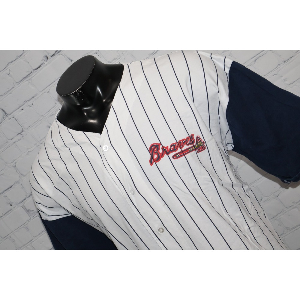 Vintage Logo 7 Baseball Jersey Mens XL White Blue Atlanta Braves MLB Made USA *